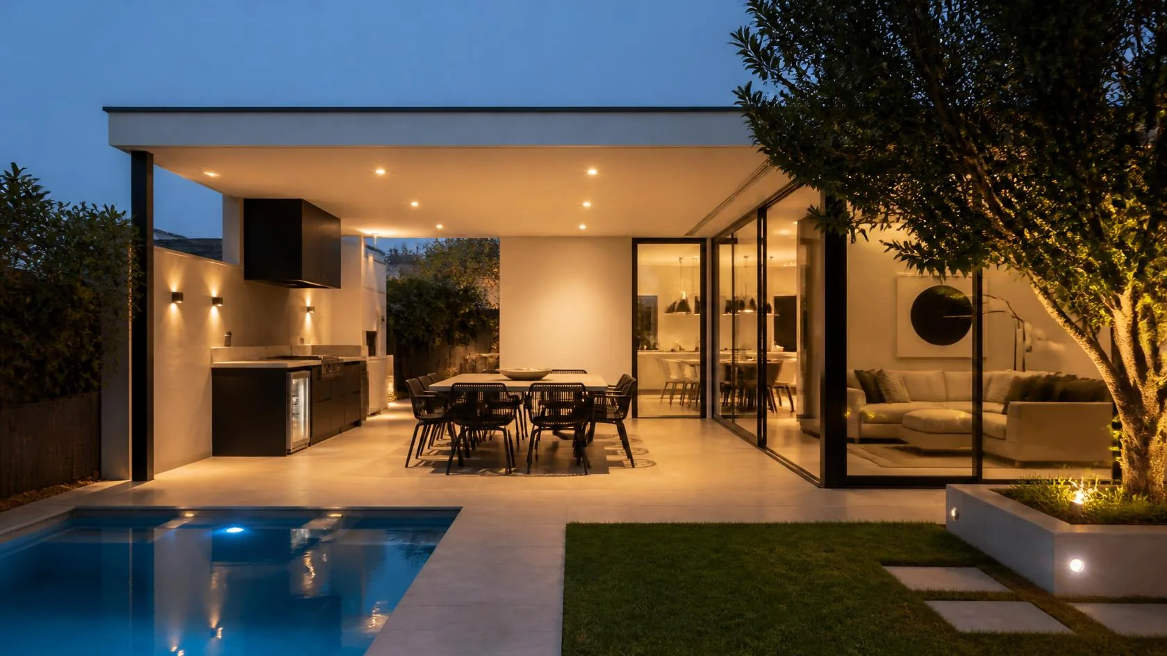 Home extension with an alfresco area overlooking a backyard pool