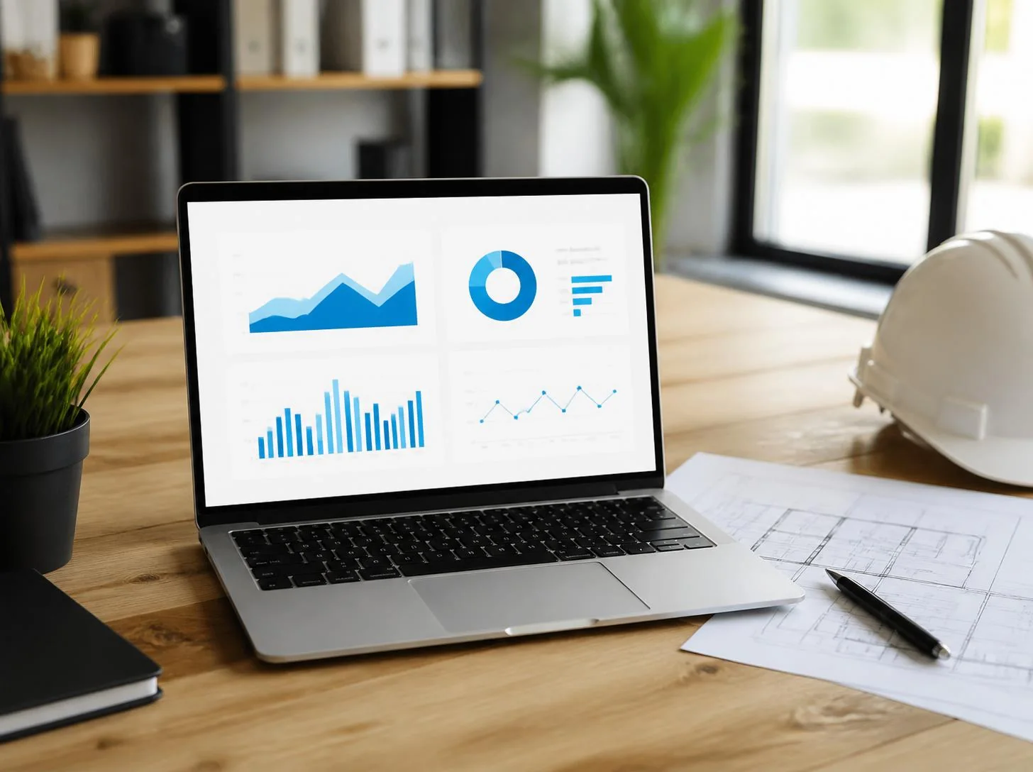 Laptop showing a marketing dashboard beside printed house plans on a desk