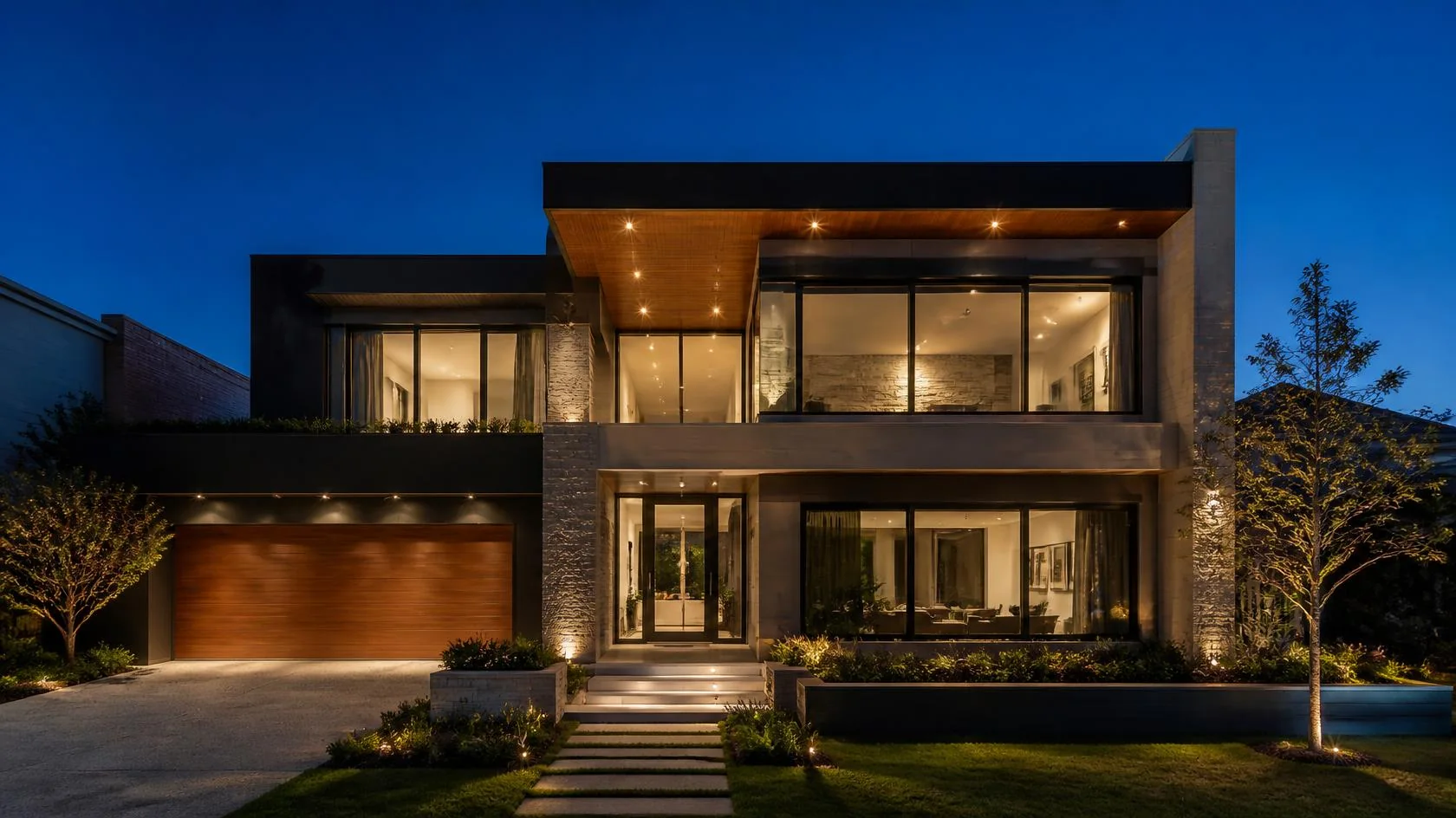 Modern custom home lit up at dusk, the kind of project a builder wants to show off online